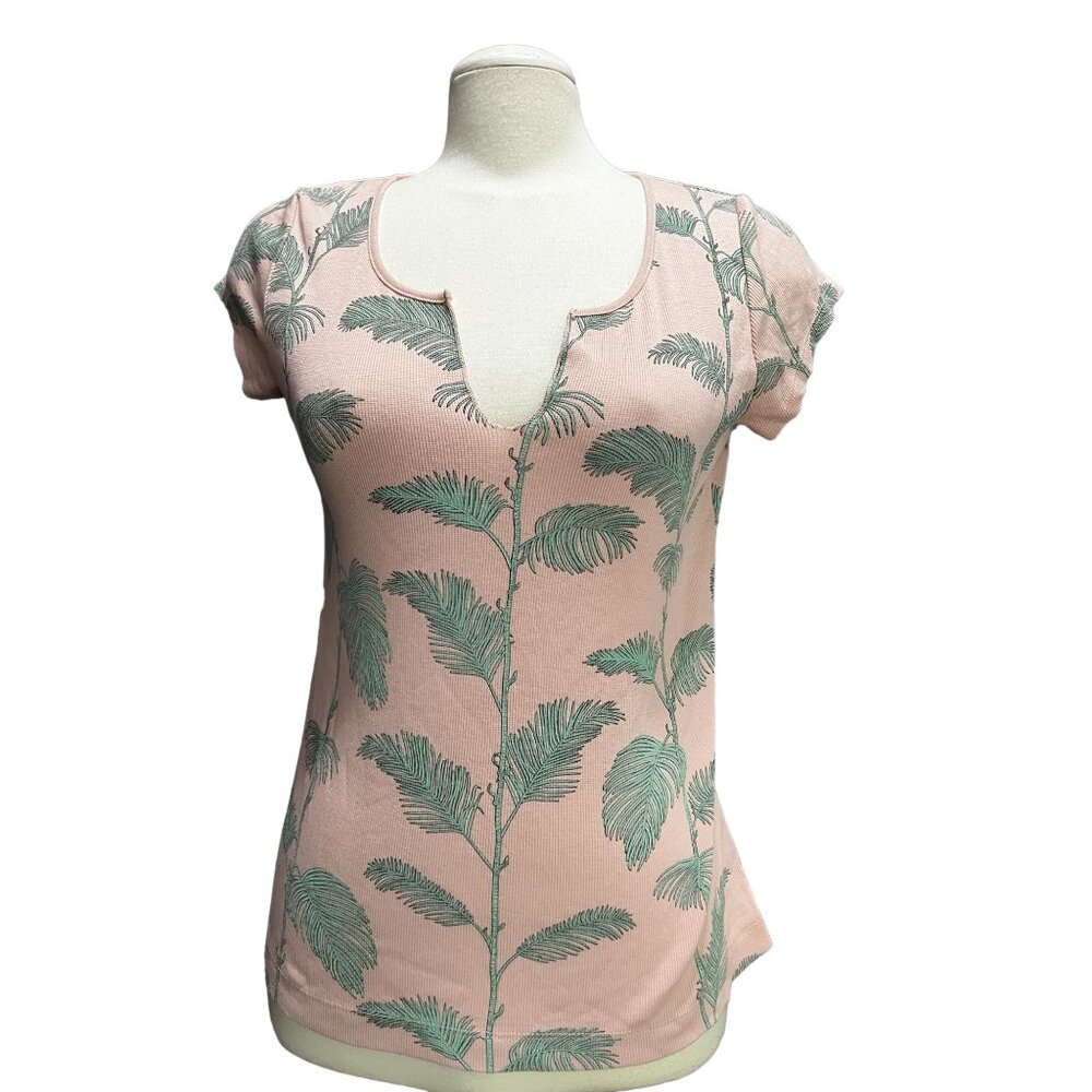Chaser NWOT Palm Leaf V Neck Short Sleeve Ribbed Baby Tee Sz Small Womens Pink S